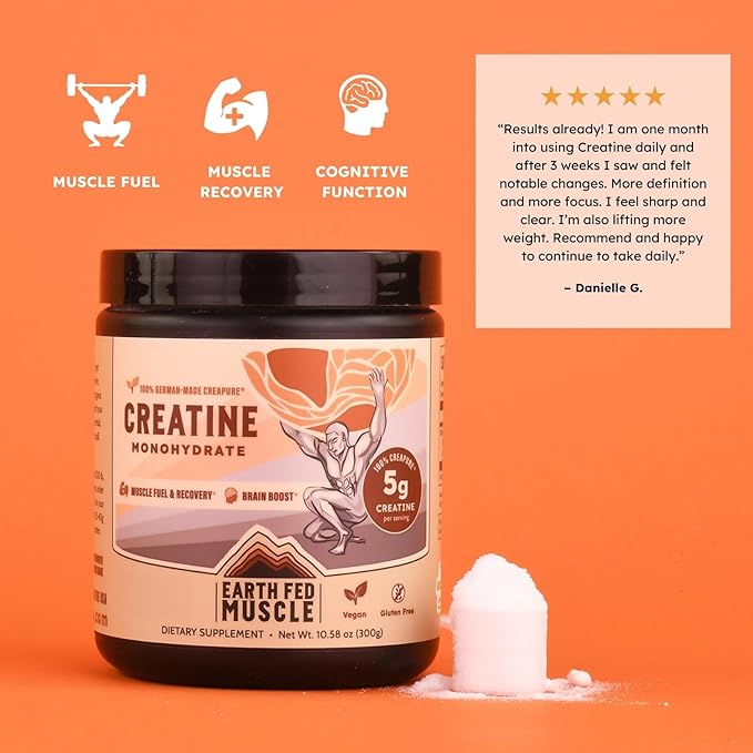 Earth Fed Muscle Creatine Monohydrate Powder — 300g 60 Servings | German Creapure Creatine for Strength Power &amp Muscle Growth | Unflavored Mixes Clean No Fillers