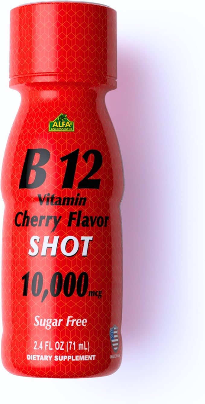 ALFA VITAMINS Vitamin B12 Energy Shot Natural Sugar Free Dietary Supplement Boosts Energy Supports Immune System Cherry Flavored Gluten Free 10000 mcg per Serving 2.0 oz Bottle 80 Pack