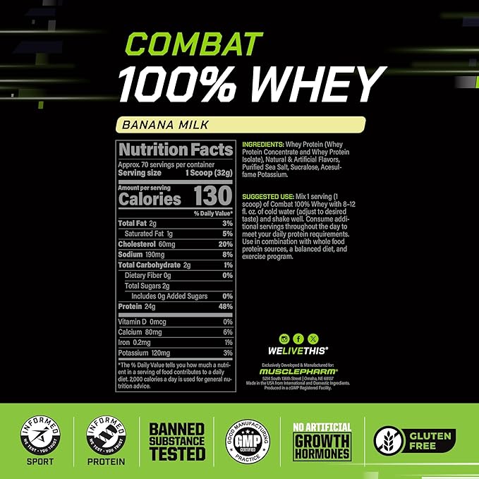 MusclePharm Combat 100% Whey Protein Powder Banana Milk Flavor Fast Recovery &amp Muscle Gain with Whey Protein Isolate High Protein Powder for Women &amp Men Gluten Free 5 lb 70 Servings