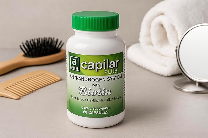 Capilar Plus with Biotin | 2 Bottles x 60 Capsules (120 Total) | Anti-Androgen System | Daily Use Dietary Supplement | for Hair Skin &amp Nail Support | 2-Month Supply