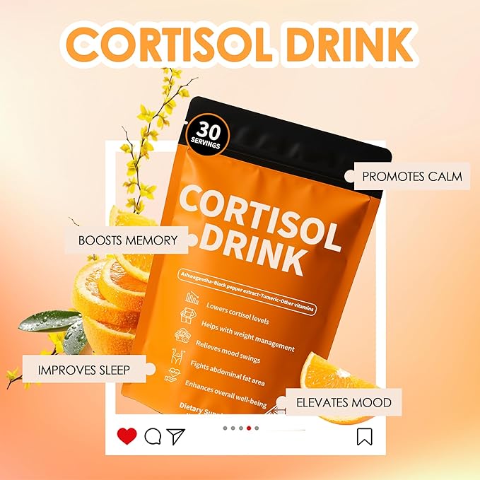 Cortisol Drink Powder - Natural Cortisol Supplements for Ashwagandha L-Theanine Turmeric Root Black Pepper Extract Relaxation Focus Mental Clarity
