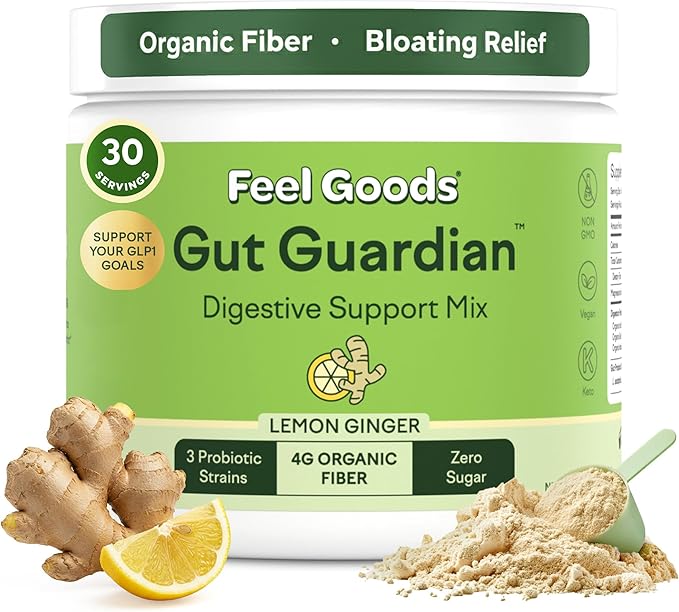 Feel Goods Gut Guardian Gut Health Powder Drink Mix - Probiotic Fiber Powder with Prebiotics &amp L Glutamine for Digestive Health Bloating Relief &amp Digestion Support - Zero Sugar &amp Organic