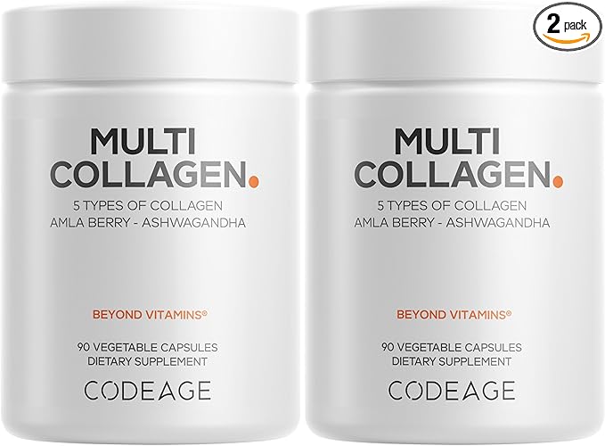 Codeage Multi Collagen Capsules – 5 Collagen Types I II III V &amp X – Hydrolyzed Grass-Fed Bovine Protein with Ashwagandha Amla and Vitamins - 2-Pack