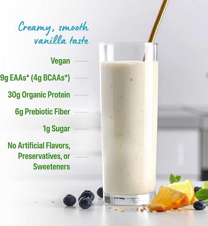 Orgain Organic 30g Vegan Plant Protein Powder Vanilla 9g EAAs + BCAAs High Plant Protein 4g Prebiotic + Fiber 1g Sugar Pre-Workout Muscle Support + Recovery - 2.01lb (Packaging May Vary)