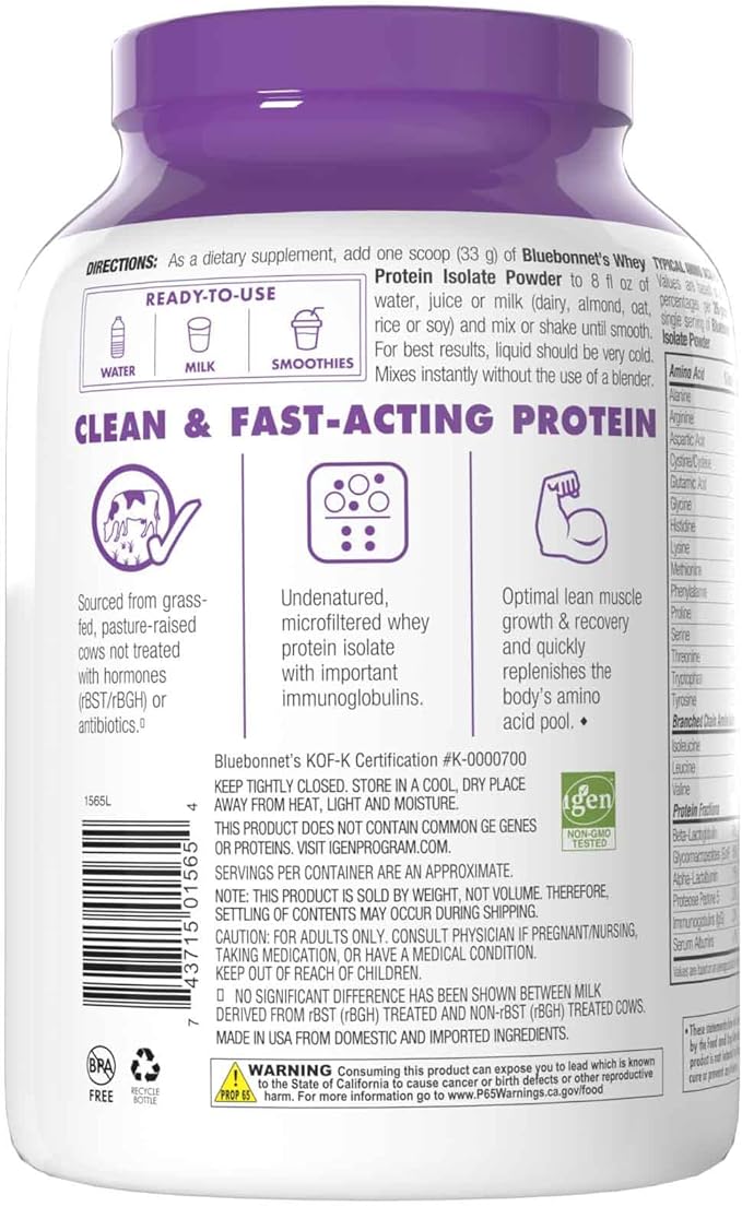 BlueBonnet Nutrition Whey Protein Isolate Powder From Grass Fed Cows 26g of Protein No Sugar Added Gluten &amp Soy free kosher Dairy 2 Lbs 28 Servings French Vanilla Flavor