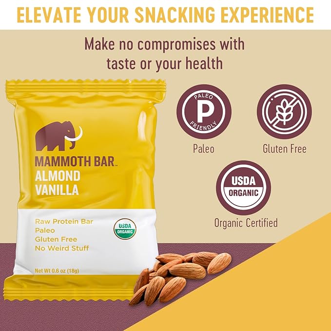 Mammoth Bar Almond Vanilla Mini Bar - Mini Organic Snack Bar Packed with 4g Protein. Made with Premium Almond Dates &amp Egg White Protein. Paleo • Gluten Free • Raw - 16 Mini Bars