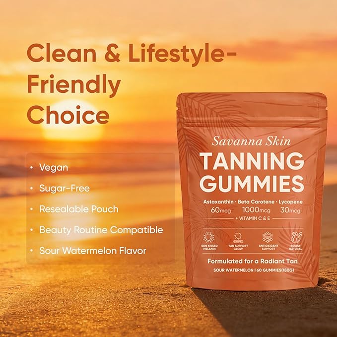 Savanna Skin Tanning Gummies Astaxanthin Beta Carotene &amp Lycopene Blend with Vitamins C &amp E Radiant Healthy Skin Sour Watermelon Flavor Vegan &amp Sugar-Free 60 Count