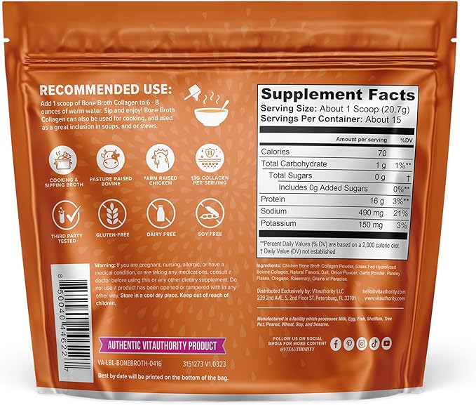 Vitauthority Bone Broth Collagen Delicious Chicken Noodle Flavored - Packed with 16g of Protein &amp Types I II III - Nourishes Skin Hair Nails Joints &amp Gut - Beef BoneBroth