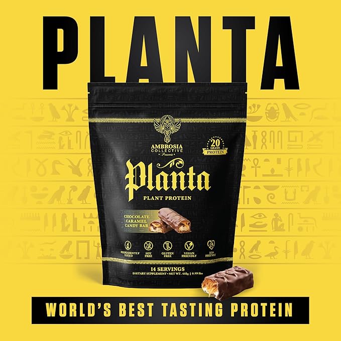 Ambrosia Planta - Premium Plant-Based Protein | Vegan &amp Keto Friendly | Gourmet Flavors with No Bloating or Stomach Upset | Gluten &amp Soy Free | No Added Sugar | 14 Servings | (Candy Bar)