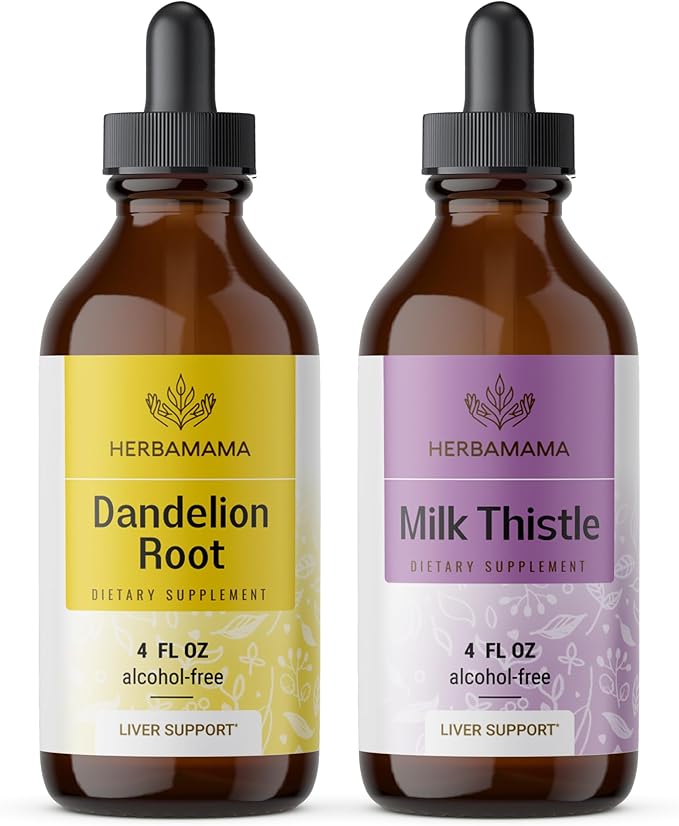 HERBAMAMA Herbal Liquid Drops Kit - Bundle of Dandelion Root &amp Milk Thistle Drops 4 fl oz - Vegan Non-GMO Sugar &amp Alcohol-Free - 2 Pack