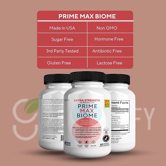 Prime Max Biome Probiotics 40 Billion CFU – Extra Strength Skin &amp Gut Support with MAKTrek® Bi-Pass Technology – 4 Strains + Prebiotics – Non-GMO Gluten-Free 60 Capsules (5)