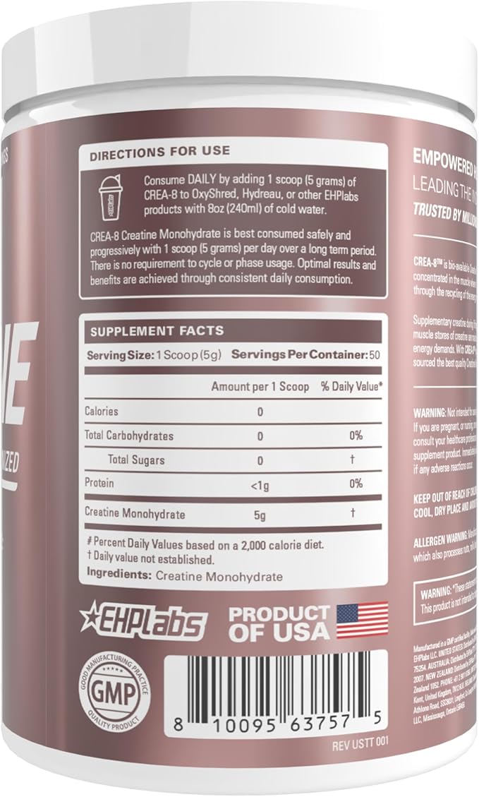 EHP Labs CREA-8 Creatine Monohydrate Powder - Unflavored Creatine Powder for Muscle Growth Increased Strength Enhanced Energy Output and Improved Performance - 50 Servings (250g)