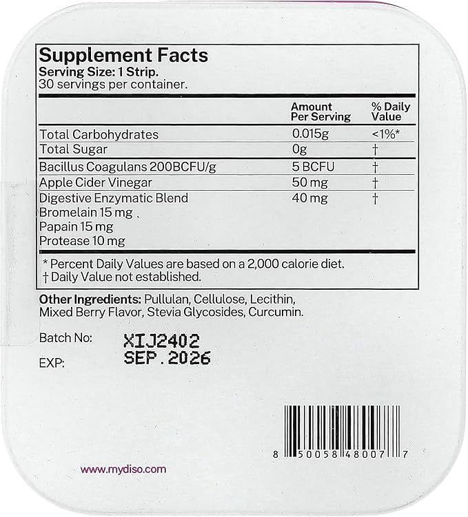 DISO - BIOTIC - Fast-Dissolving Probiotic Oral Strips Berry Blast Flavor Vegan Sugar Free Maximum Absorption Gluten Free Individually Wrapped for Digestive Health 30 Dissolvable Strips