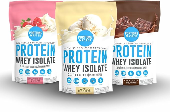Portions Master CFM Whey Isolate Protein Powder Neapolitan Bundle Chocolate Brownie Vanilla Ice Cream &amp Strawberries and Cream (3 Flavor Pack)