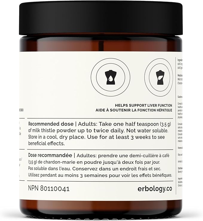 Erbology Organic Milk Thistle Powder 3.2 oz - 30 Servings - 180mg Silymarin per Serving - Liver Health - Cold-Pressed from 100% Milk Thistle Seeds - Sustainably Sourced in Europe - Vegan - GMO-Free