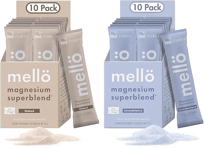 mellö Magnesium Superblend Bundle - Lavenderberry &amp Unflavored - Magnesium Glycinate with L-Theanine GABA &amp Trace Minerals - Supports Sleep Relaxation and Balanced Energy - 2 x 10-Packs
