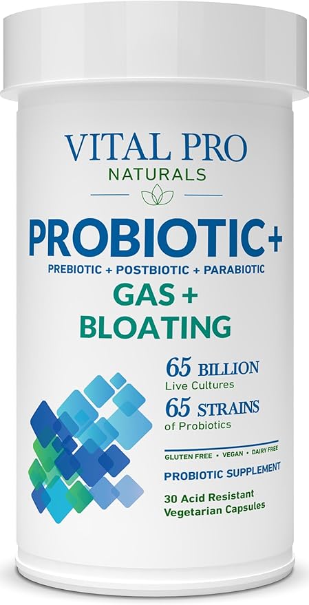 Vital Pro Naturals - Gas &amp Bloating Probiotics + Prebiotics Postbiotics Parabiotics 4-in-1 Health Supplement for Adults High Potency 65 Strains Once Daily Digestive and Immune Support 30 ct
