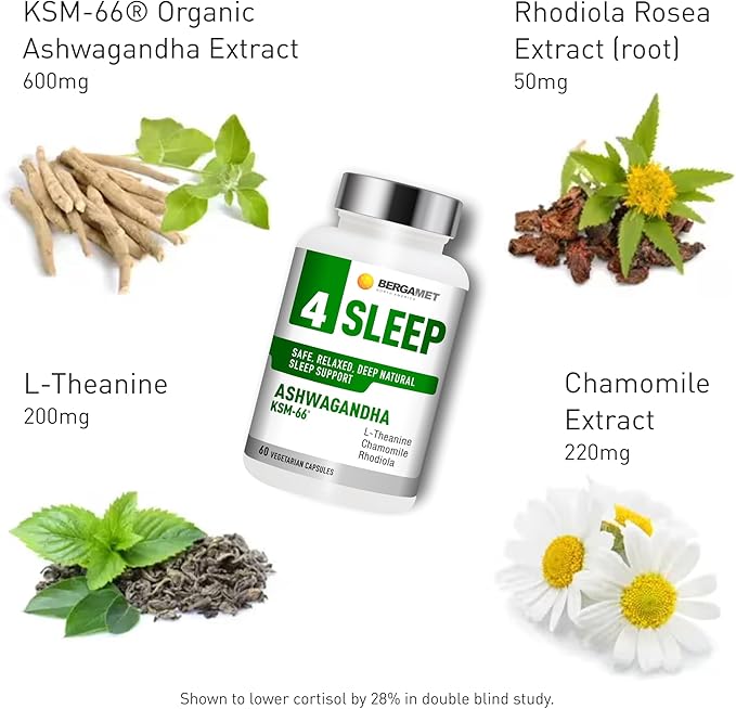 BergaMet 4 Sleep Support Formula with Ashwagandha KSM-66 Rhodiola Chamomile Extract &amp L-Theanine – Natural Aid for Restful Nights and Stress Relief with no Melatonin – 60 Capsules