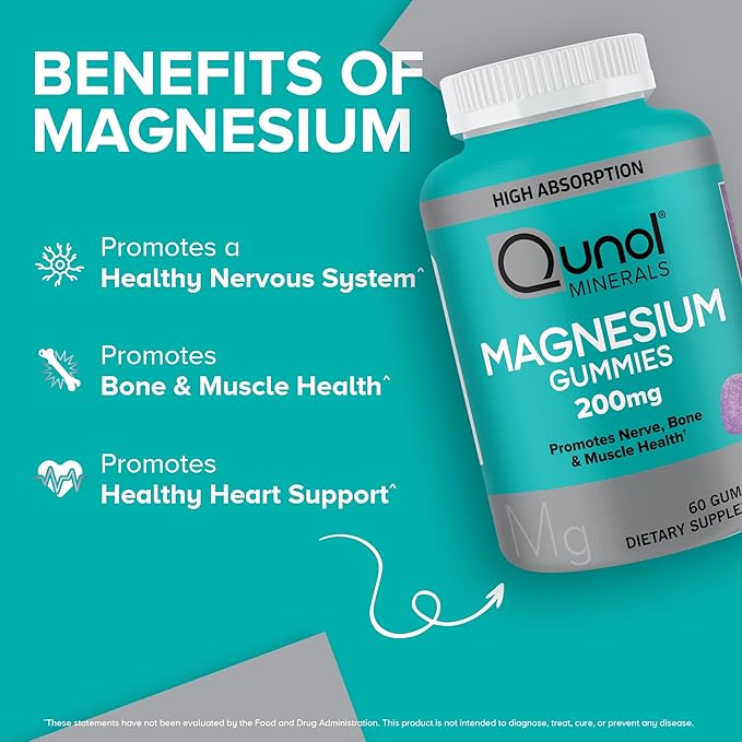 Qunol Magnesium Gummies for Adults Qunol 200mg Magnesium Citrate Gummies High Absorption Magnesium Supplement Supports Nerve Health Bone Health Muscle Health Vegetarian 60 Count Pack of 2