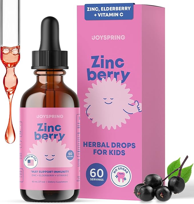 JoySpring ZincBerry - Kids Zinc &amp Vitamin Supplement (2 fl oz) Immune Support Drops with Elderberry Flavor for Kids 3-16+ Years