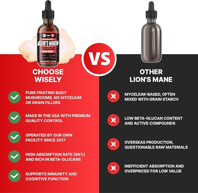 HERBIFY Lions Mane Supplement - Daily Mushroom Supplement for Memory Focus &amp Clarity - Brain Booster - Lions Mane Tincture for Immune Support - 4 Fl oz Strawberry Flavor