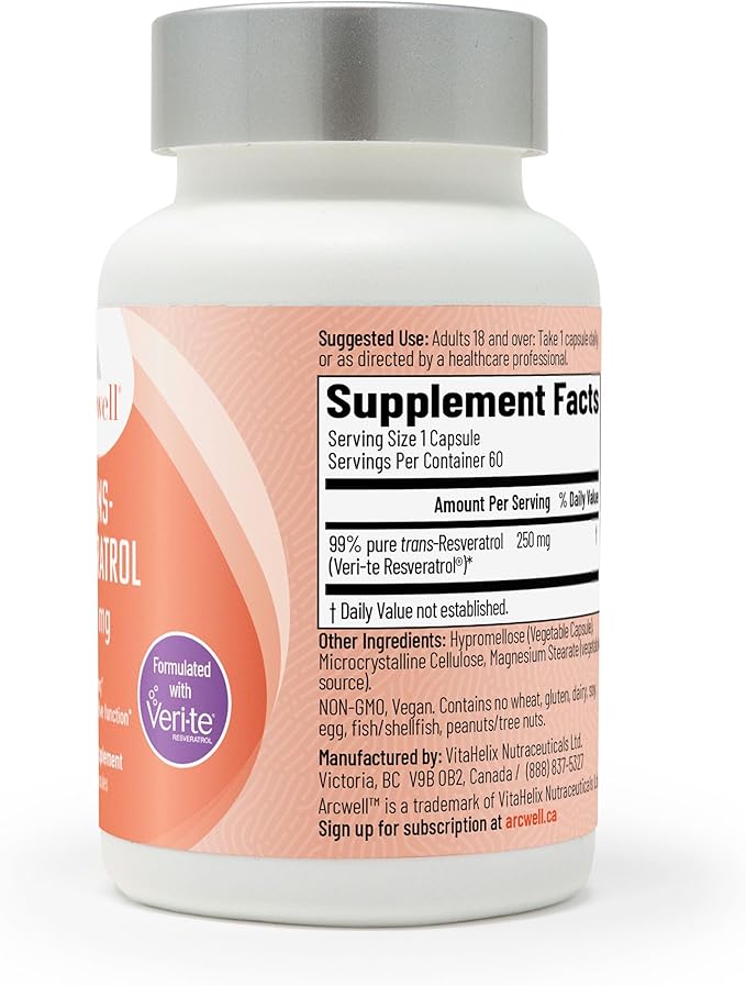 Arcwell Ultra Pure &gt99% Trans-Resveratrol 250 mg per Capsule - 60 Vegetable Capsules | High Potency Antioxidant | Highly Bioavailable