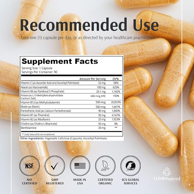 LUMINSPIRED Health Activated Vitamin B Complex with Vitamin C &amp Biotin All Vitamin B Dietary Supplement for Immune Support Metabolism Antioxidant Mood &amp Energy Gluten Free Vegan - 90 Cou