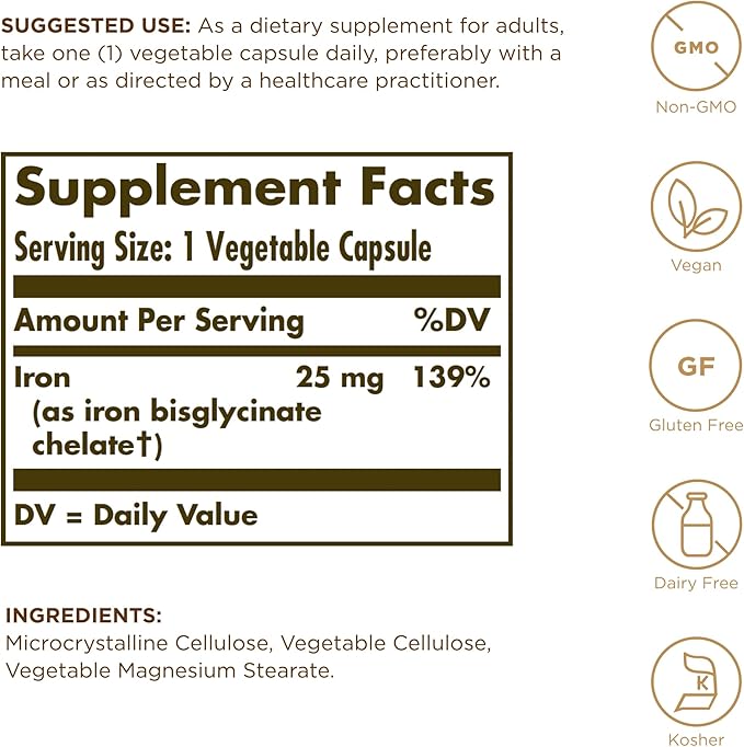 Solgar - Gentle Iron 25 mg Vegetable Capsules 180 Count 2 Pack Easy on Stomach Promote Red Blood Cell Production.