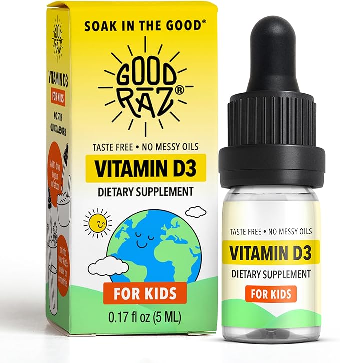 Good Rāz Vitamin D3 Drops for Kids 0.17 fl oz (5 ml) – Taste Free Liquid Dietary Supplement for Kids – Non-GMO Gluten-Free Kosher Daily Liquid Vitamin in Easy Dropper Bottle