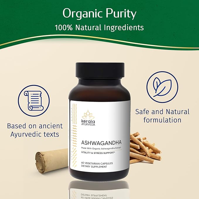 Kerala Ayurveda Ashwagandha Capsules – 60 Vegan Capsules | Organic Adaptogen for Stress Support Mood Balance &amp Daily Vitality | Supports Healthy Stress Response &amp Immune Support | Prop 65 Com