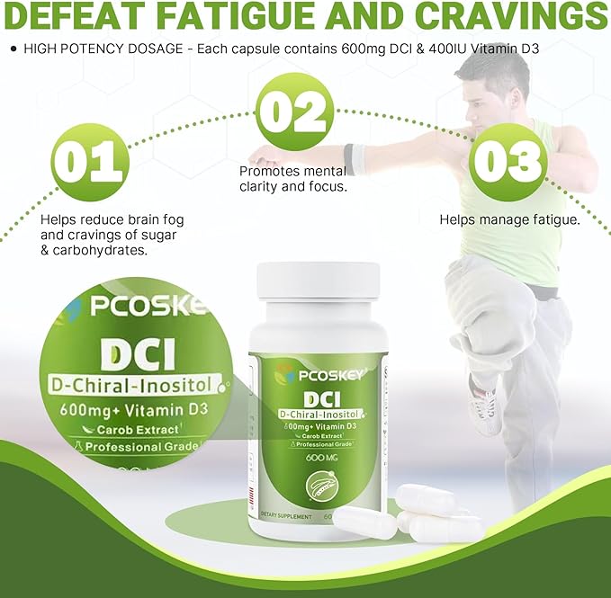 pcoskey® D-Chiral-Inositol with Vitamin D3 – 600mg DCI + 400 IU Vitamin D3 – Hormonal Balance &amp Ovary Support – 60 Vegetarian Capsules