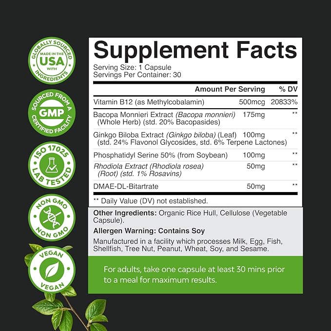 Bundle of Nootropic Memory Supplement with Vitamin B 12 Bacopa Monnieri Rhodiola Rosea DMAE Ginkgo Biloba and Advanced Lion's Mane Mushroom Supplement - Reishi Chaga Maitake Shiitake for Brain Support