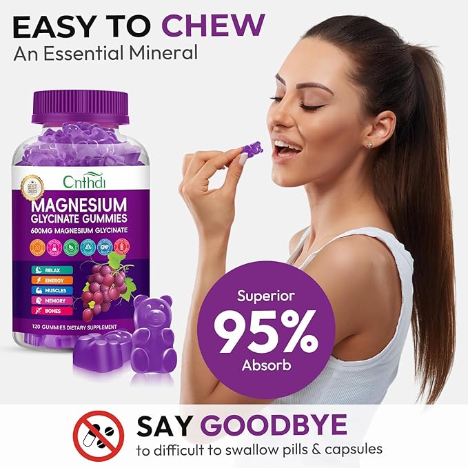 Magnesium Glycinate Gummies 600mg Sugar Free Chewable Magnesium Gummies with Black Currant for Men &amp Women Supports Evening Routine &amp Inner Balance No Melatonin Vegan 60 Days Supply
