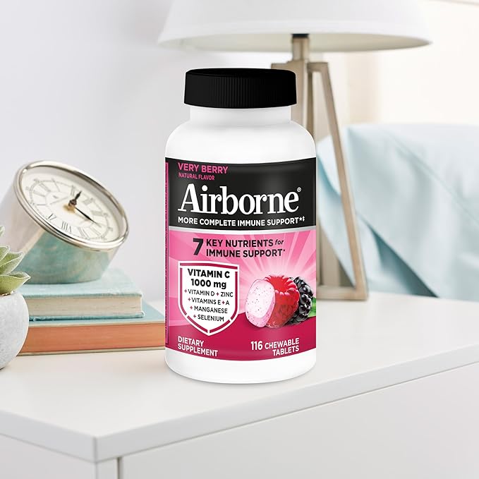 Airborne Vitamin C 1000mg (per Serving) - Very Berry Chewable Tablets (116 Count in a Bottle) Gluten-Free Immune Support Supplement with Vitamins A C E Zinc Selenium Ginger Antioxidants