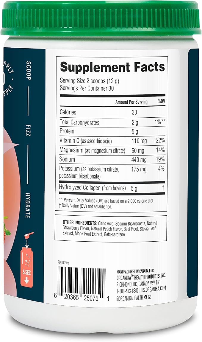 Organikа Electrolytes with Enhanced Collagen Powder for Women &amp Men - 13 oz - Strawberry Peach-Flavored Effervescent Electrolyte &amp Collagen Drink Mix - Deep Hydration Mobility Skin Hair &a