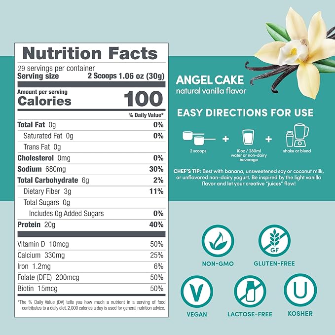 Designer Wellness Soy Isolate Protein Powder with Biotin Hyaluronic Acid and Prebiotics Vegan 0 Sugar Non-GMO Angel Cake Vanilla 1.87 lb