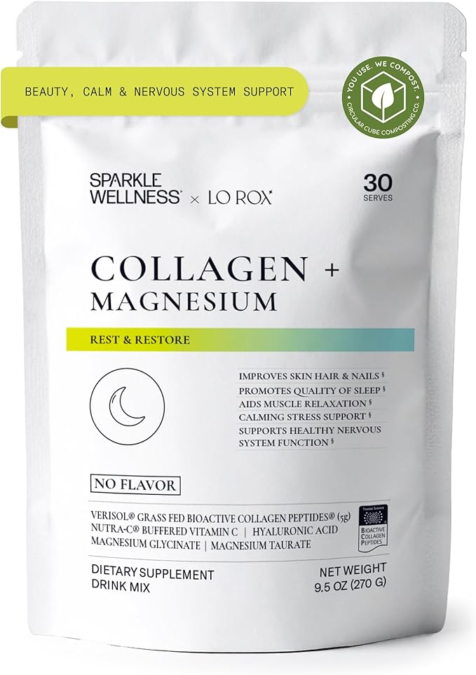 Collagen + Magnesium | VERISOL Bioactive Collagen Peptides Magnesium Glycinate &amp Taurate Salts | Lauren Roxburgh Rest + Restore | Calming Nightly Beauty Routine (No Flavor) [30 Serves]