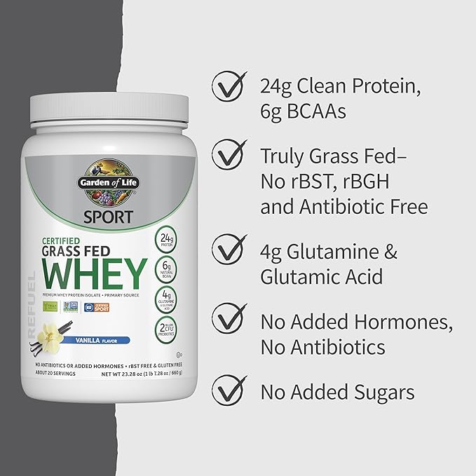 Garden of Life Sport Grass Fed Whey Protein Powder – 24g Whey Protein Isolate for Women &amp Men with Probiotics &amp Glutamine Non-GMO Gluten-Free Cold-Processed Vanilla Flavor 20 Servings
