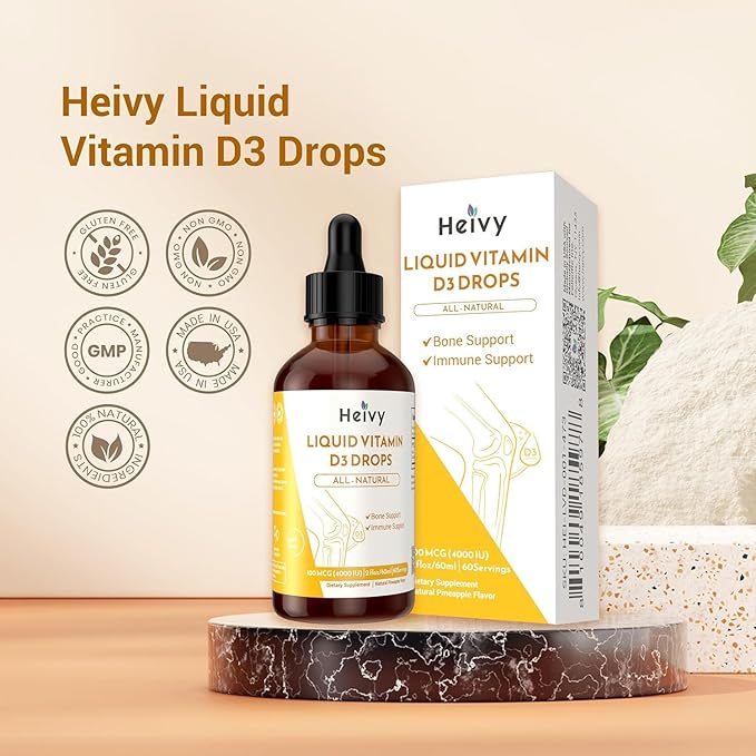 Heivy Liquid Vitamin D Drops Pineapple Flavour Vitamin D3 100 mcg (4000 IU) Per Serving Bone &amp Immune Support Vegan Gluten-Free Non-GMO 2 Fl Oz/60ml (Pack of 2)