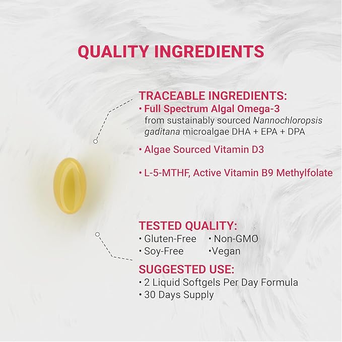 Naturalis Vegan Prenatal with Full Specrum Omega-3 | Algae DHA EPA DPA Vitamin D3 &amp Active Folic L 5-MTHF | Vegan Society Certified Sustainably Sourced Non-GMO &amp Soy Free | 120 Veggie Sof