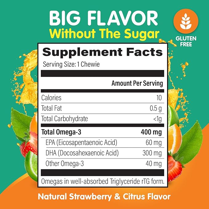 Omega 3 Gummies - Ultra-High DHA Chewable Gel Gummy - for Kids Supports Brain &amp Eye Health - Sugar-Free Natural Fruit Flavor - Kids Omega 3 Fish Oil Gummies (6 Pack)