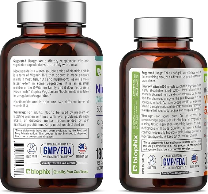 biophix B-3 Nicotinamide 500 mg 180 Vcaps Plus Free Vitamin D-3 5000 IU 30 Softgels - Nicotinic Amide Niacin Natural Flush-Free Vitamin Formula - Supports Skin Cell Health