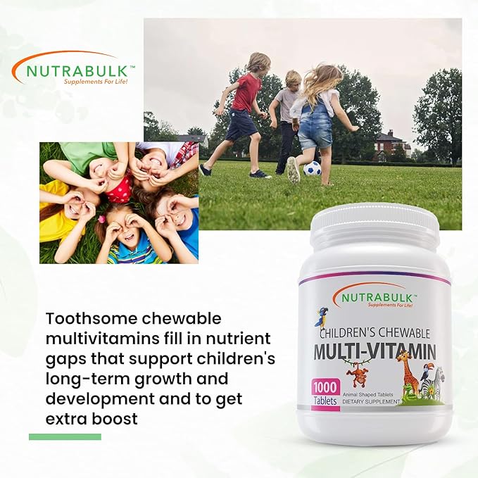 NutraBulk Kids Multivitamin – Kids Vitamins A C D3 E B-Complex Folic Acid with Animal Shapes &amp Fruity Flavors – No Artificial Dyes – Children's Chewable Multivitamin Bulk Family Value (1000 Table