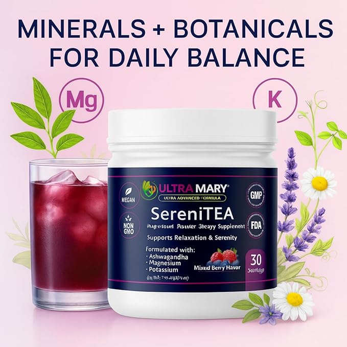 Magnesium Potassium + Ashwagandha Powder–Mixed Berries FlavorDietary Supplement Drink Mix ChamomileLavenderPassionflower &amp Herbal BlendRelaxation &amp Calm Support FormulaVegan–30 Servings