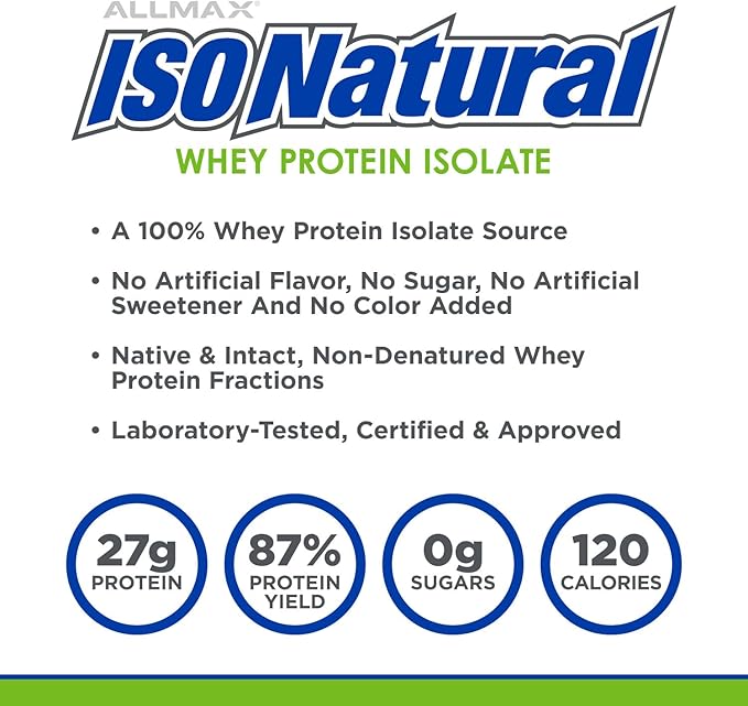 ALLMAX ISONATURAL Whey Protein Isolate Chocolate - 5 lb - 27 Grams of Protein Per Scoop - Zero Fat &amp Sugar - 99% Lactose Free - with Prebiotics - No Artificial Flavors - Approx. 73 Servings