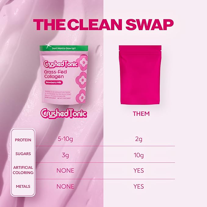 Crushed Tonic Marine Collagen Powder Korean Beauty Drink with Hydrolyzed Collagen Peptides for Skin Hair &amp Nails | Gluten-Free Halal &amp Kosher (Strawberry Milk 30 Servings (150 g) Pouch)