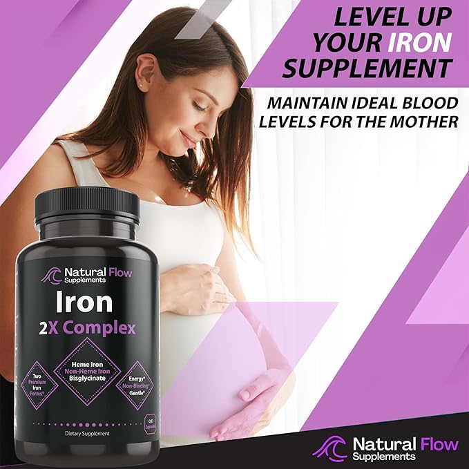 Iron Supplement 2-in-1 Complete Complex - Natural Flow 2X Heme and Chelated Non Heme Iron Bisglycinate Folate B and Vitamin C for Anemia and Blood Building Support Gentle on Stomach 60 Caps (60)