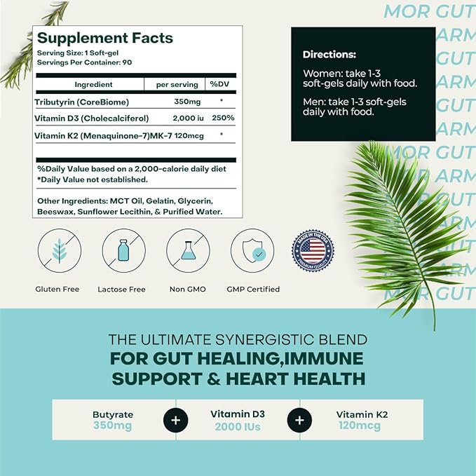 Gut &amp Heart Health + Immune Support | 2 Month Supply | 60 Soft Gel Capsules | Pure Butyrate 350mg &amp Vitamin D3 2000IUs &amp Vitamin K2 120mcg | Heart Health | Gastrointestinal Support