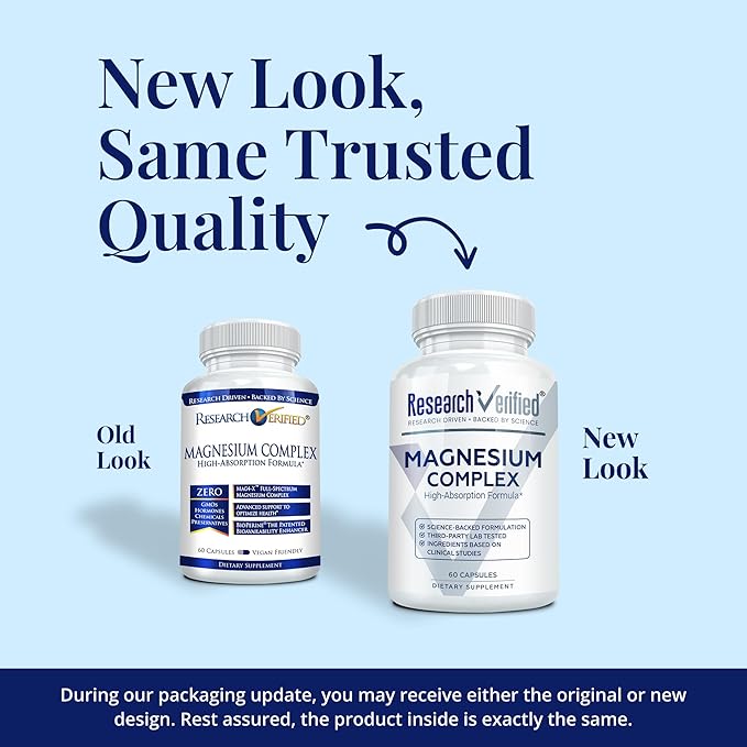 Research Verified Magnesium Complex - Brain Muscle and Nerve Support - Magnesium Bisglycinate Malate Citrate and Oxide - Bioperine - Vegan - 60 Capsules - Pack of 1