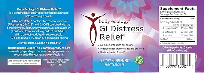 Body Ecology GI Distress Relief | Probiotics Supplement | Gut Support | Non-GMO | 60 Count